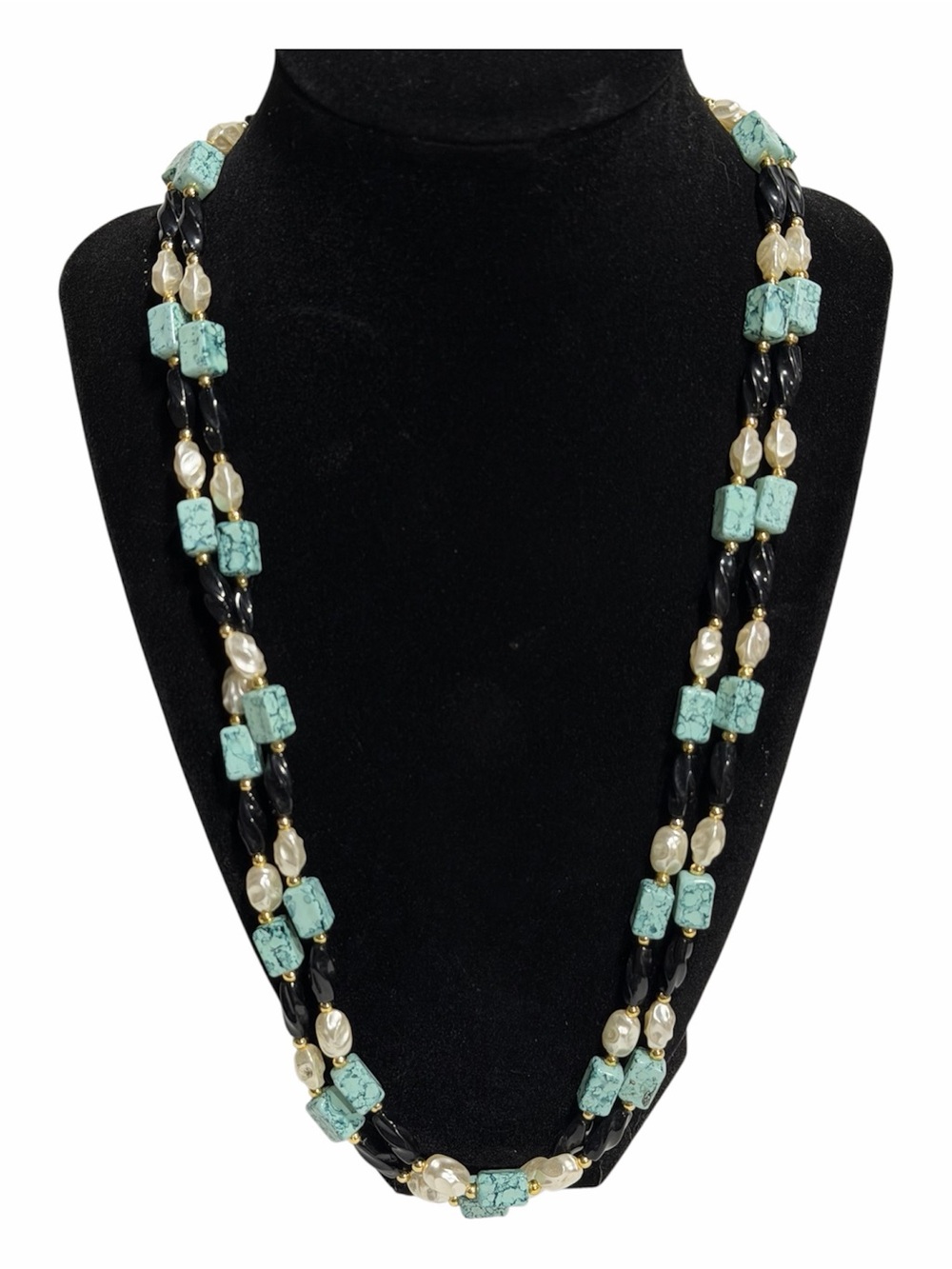 Faux Turquoise & Pearl Layered Necklace w Black Spiral Beads